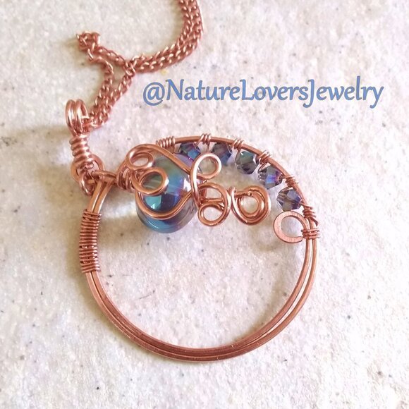 Handmade! Embellished Copper Circle Elemental Pendant + Chain! Flirty & Feminine - Picture 7 of 10